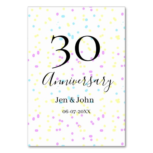 青いピンクの黄色の水玉模様 30周年 ネーム テーブルナンバー (正面)