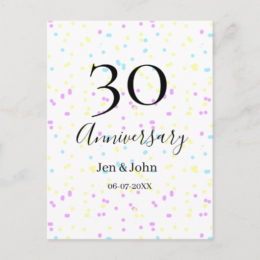青いピンクの黄色の水玉模様 30周年 ネーム ポストカード (正面)