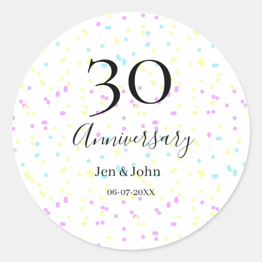 青いピンクの黄色の水玉模様 30周年 ネーム ラウンドシール (正面)