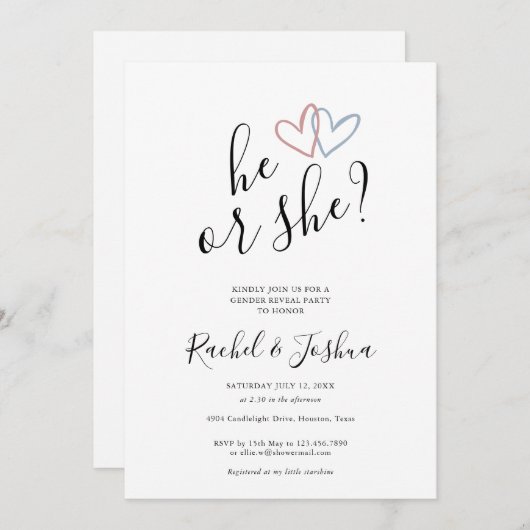 青いピンク色のハートが性別でパーティーを明かす 招待状 (正面/裏面)