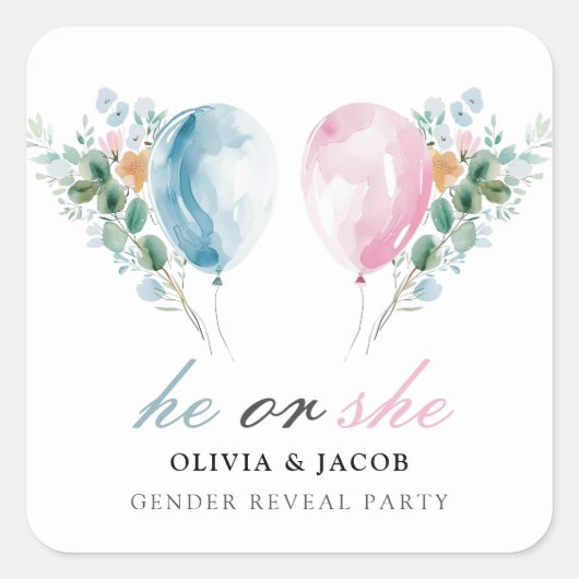 青いピンク色のバルーン性別の表示パーティー スクエアシール (正面)