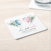 青いピンク色のバルーン性別の表示パーティー スクエアペーパーコースター (アングル)