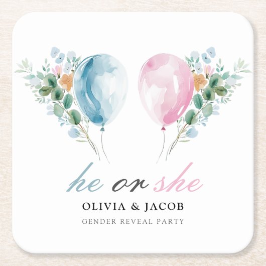 青いピンク色のバルーン性別の表示パーティー スクエアペーパーコースター (正面)
