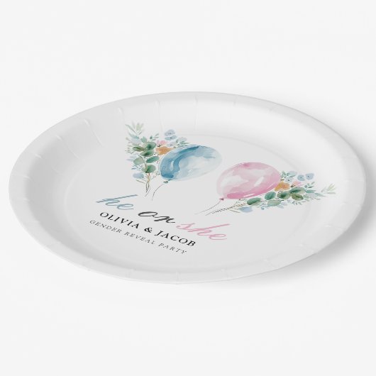 青いピンク色のバルーン性別の表示パーティー ペーパープレート (アングル)