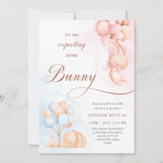 青いピンク色の風船を持つウサギの性別が明らかになる 招待状 (正面)