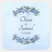 青いピーコックの花嫁と新郎の名前と日付 スクエアシール (正面)
