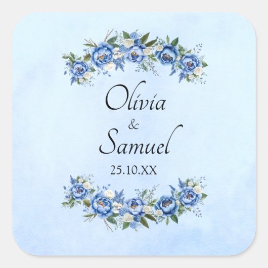 青いピーコックの花嫁と新郎の名前と日付 スクエアシール (正面)