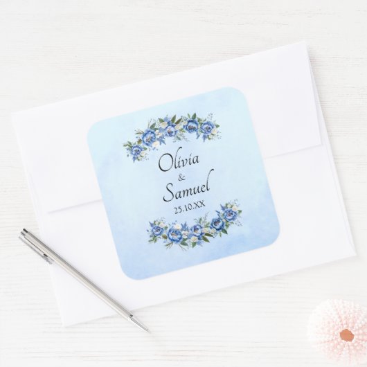 青いピーコックの花嫁と新郎の名前と日付 スクエアシール (封筒)