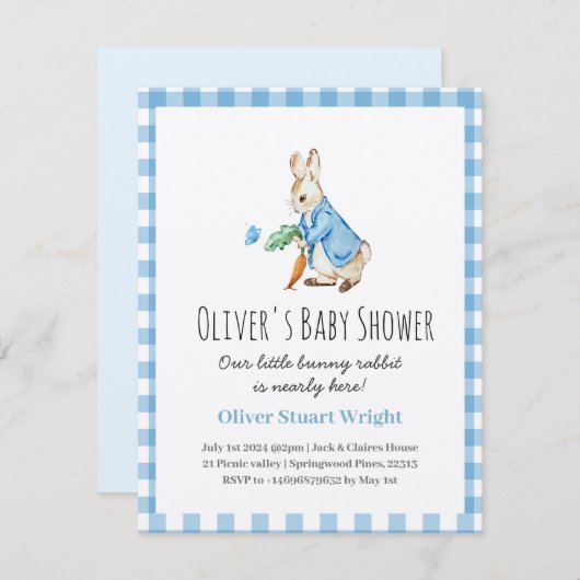 青いピーターうさぎ赤ちゃんシャワーかわいい 招待状 (正面/裏面)
