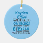 青いファミリ名ベビー誕生統計の発表 セラミックオーナメント (正面)