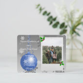 青いファンシークリスマスオーナメントホリディフォトカード シーズンカード (スタンド正面)