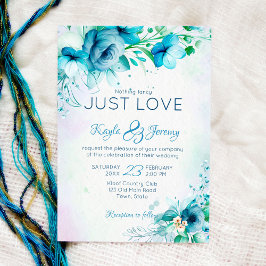 青いファンシーティール（緑がかった色）の花を愛す結婚るもの 招待状