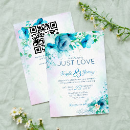 青いファンシーティール（緑がかった色）の花を愛す結婚るもの 招待状