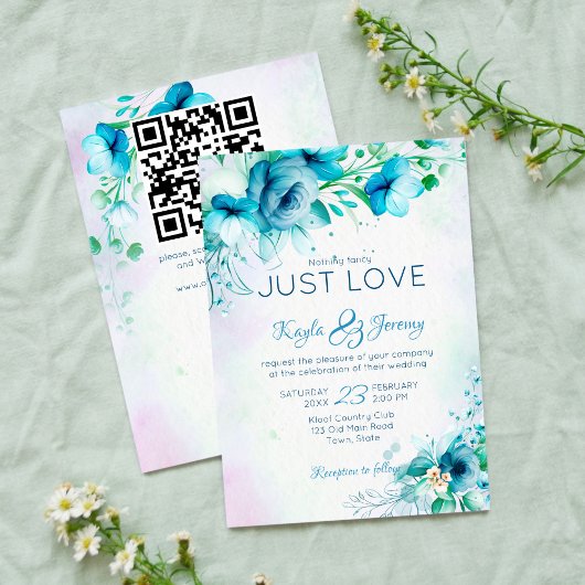 青いファンシーティール(緑がかった色)の花を愛す結婚るもの 招待状