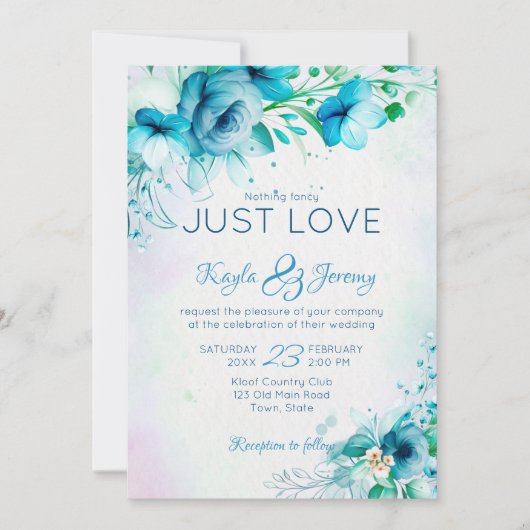 青いファンシーティール（緑がかった色）の花を愛す結婚るもの 招待状 (正面)
