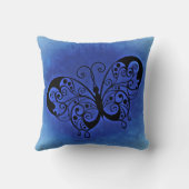 青いファンシーデニムの背景の蝶 クッション (裏面)