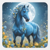 青いファンタジー魔法の馬の月の花、 スクエアシール (正面)
