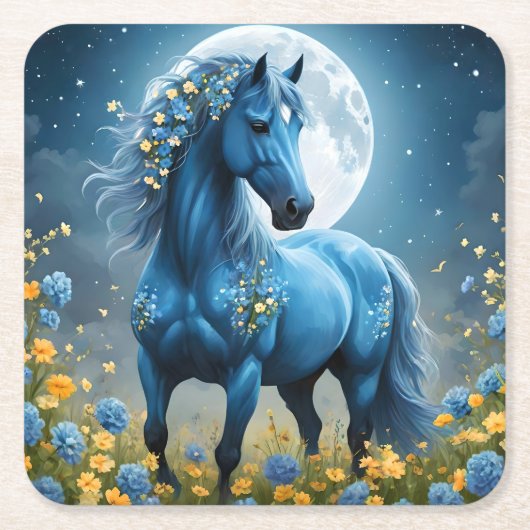青いファンタジー魔法の馬の月の花、 スクエアペーパーコースター (正面)