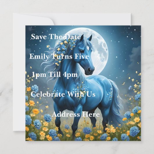 青いファンタジー魔法の馬の月の花、 セーブザデート (正面)