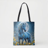 青いファンタジー魔法の馬の月の花、 トートバッグ (正面)