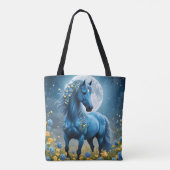 青いファンタジー魔法の馬の月の花、 トートバッグ (裏面)