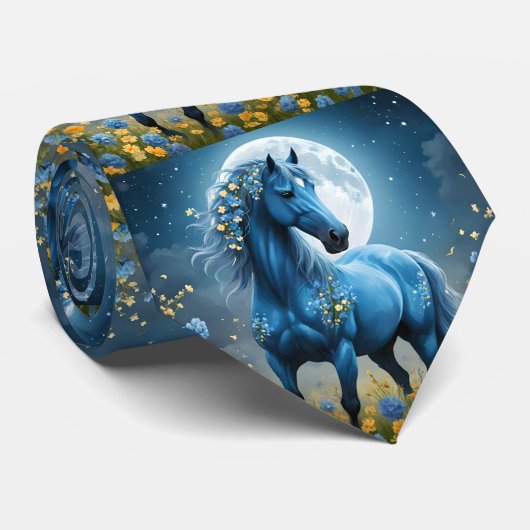 青いファンタジー魔法の馬の月の花、 ネクタイ (ロール)