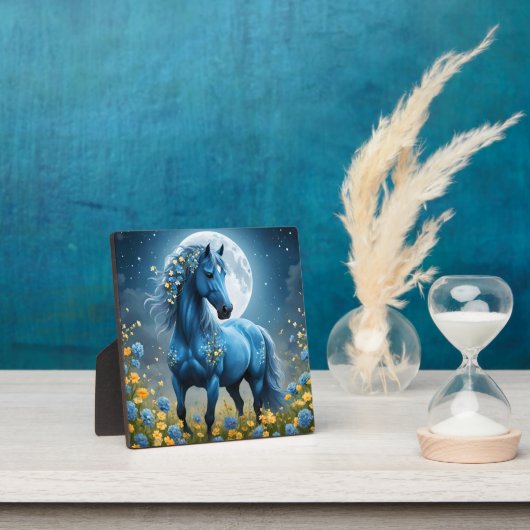 青いファンタジー魔法の馬の月の花、 フォトプラーク (インサイチュ)