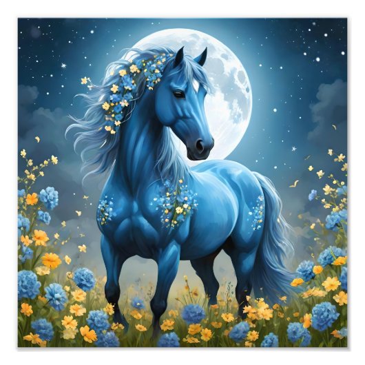 青いファンタジー魔法の馬の月の花、 フォトプリント            (正面)