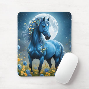 青いファンタジー魔法の馬の月の花、 マウスパッド