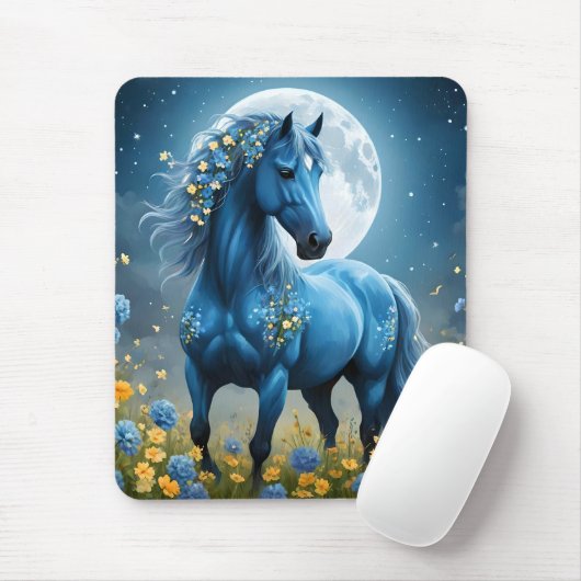 青いファンタジー魔法の馬の月の花、 マウスパッド (マウス)