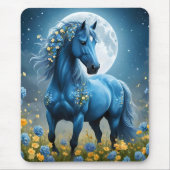 青いファンタジー魔法の馬の月の花、 マウスパッド (正面)