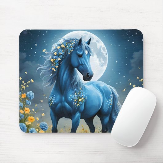 青いファンタジー魔法の馬の月の花、 マウスパッド (マウス)