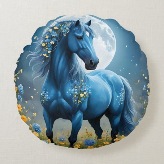 青いファンタジー魔法の馬の月の花、 ラウンドクッション (正面)