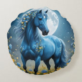 青いファンタジー魔法の馬の月の花、 ラウンドクッション (裏面)