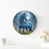 青いファンタジー魔法の馬の月の花、 ラージ壁時計 (ホーム)