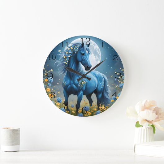 青いファンタジー魔法の馬の月の花、 ラージ壁時計 (ホーム)