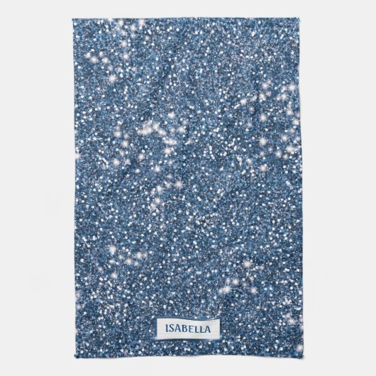 青いフェイクグリッターテクスチャの名前をカスタムする キッチンタオル (縦)