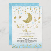 青いフェイク金ゴールドグリッターの月の赤ちゃんシャワー 招待状 (正面/裏面)