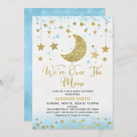 青いフェイク金ゴールドグリッターの月の赤ちゃんシャワー 招待状 (正面/裏面)