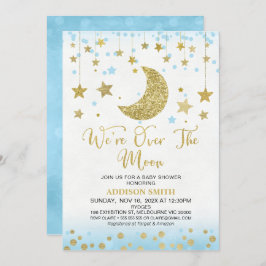 青いフェイク金ゴールドグリッターの月の赤ちゃんシャワー 招待状