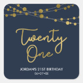 青いフェイク金ゴールド列の光21歳の誕生日 スクエアシール (正面)