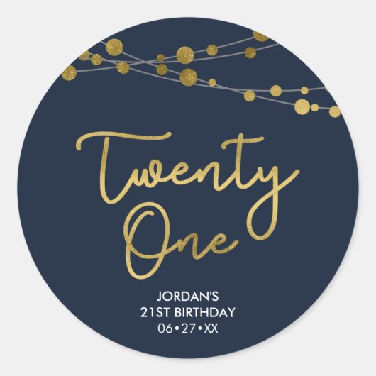 青いフェイク金ゴールド列の光21歳の誕生日 ラウンドシール (正面)