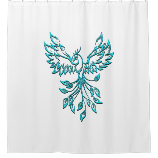 青いフェニックスが白に浮き上がる シャワーカーテン (正面)