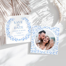 青いフォークフローラ日付の写真の招待を保存