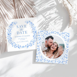 青いフォークフローラ日付の写真の招待を保存