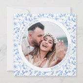 青いフォークフローラ日付の写真の招待を保存 (裏面)