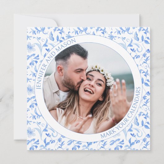 青いフォークフローラ日付の写真の招待を保存 (裏面)