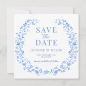 青いフォークフローラ日付の写真の招待を保存 (正面)