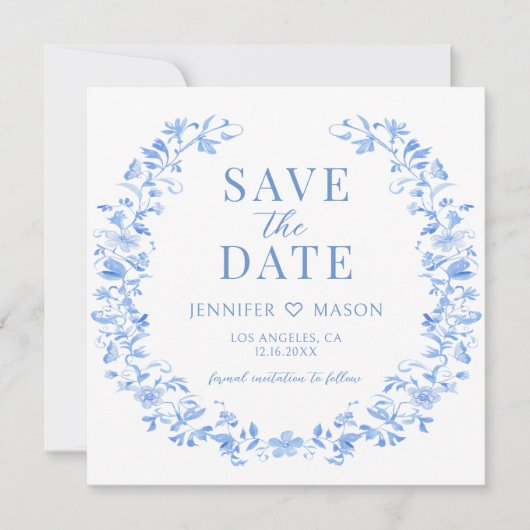 青いフォークフローラ日付の写真の招待を保存 (正面)