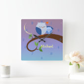 青いフクロウのパーソナライズな柱時計 スクエア壁時計 (ホーム)